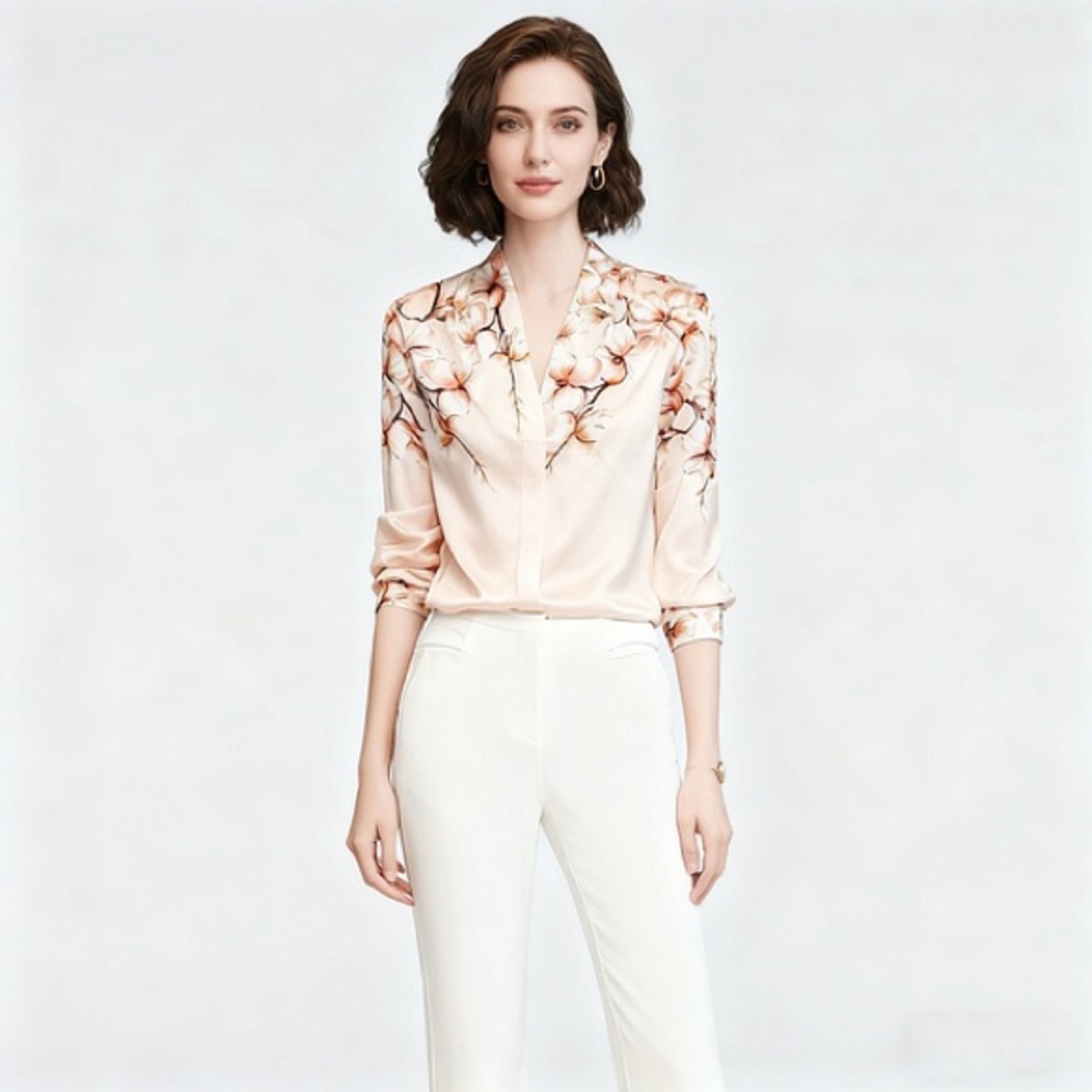 Pink V-neck floral 100% mulberry Silk Blouses For Women Button Up size S-M NWT